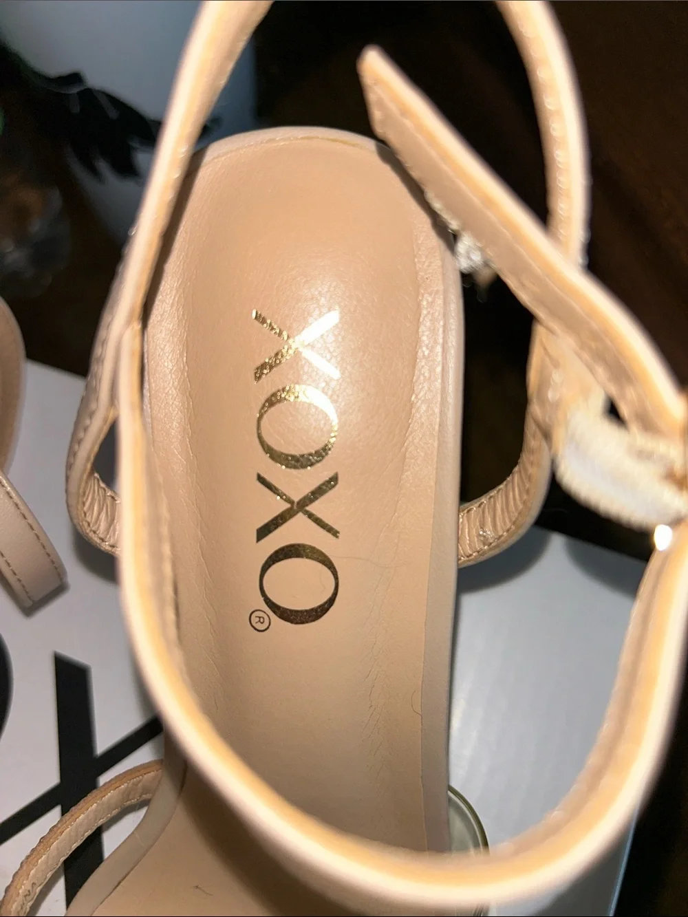 XOXO Nude Beige Heeled Sandals with Rhinestone Strap